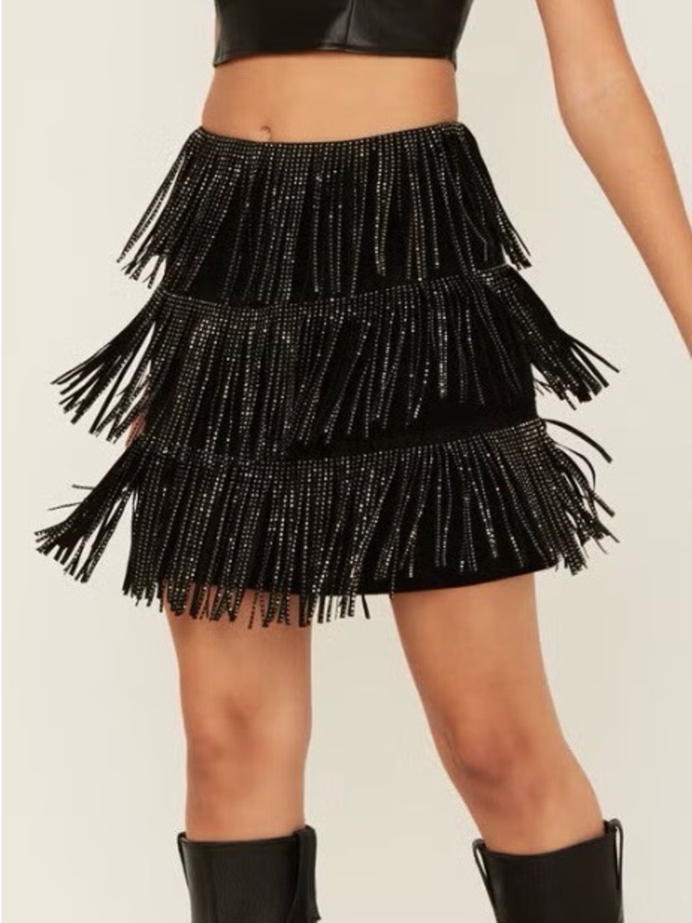 Black Tiered Fringe Mini Skirt with Rhinestone Strands